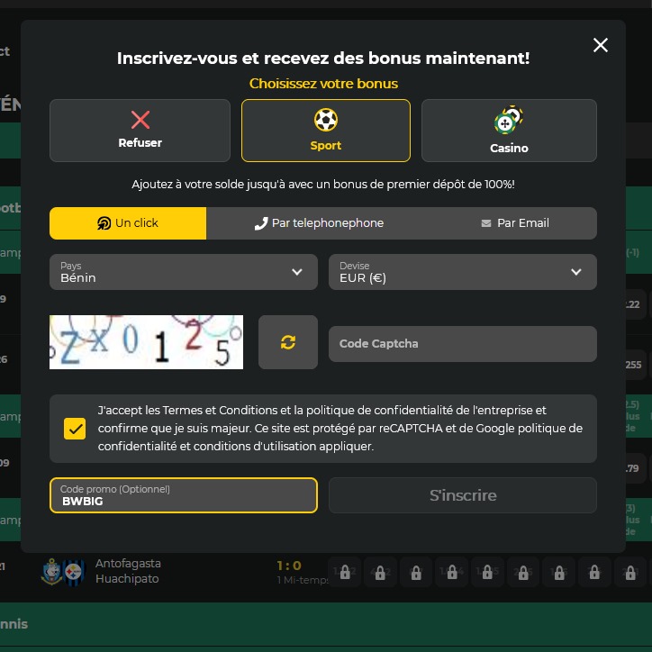 Formulaire d'inscription à BetWinner