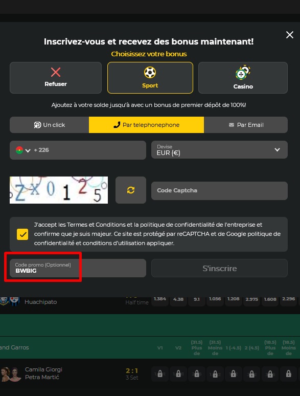 Formulaire d'inscription à BetWinner
