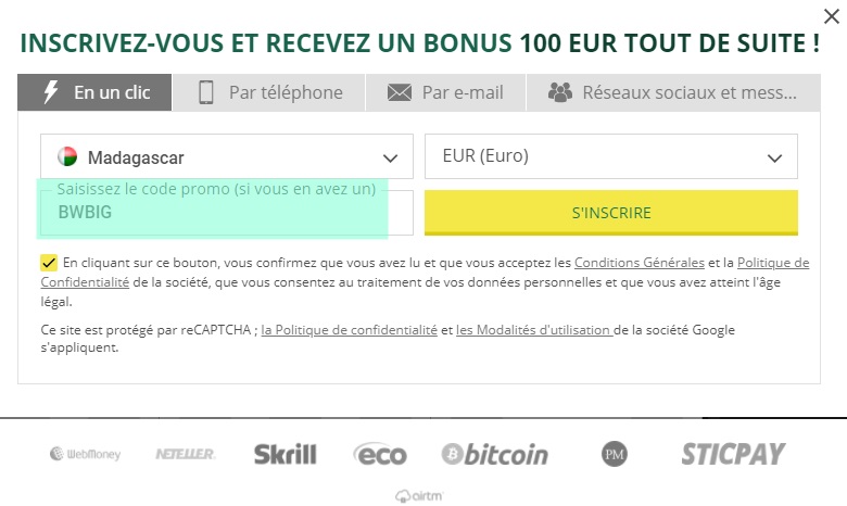 Formulaire d'inscription à BetWinner