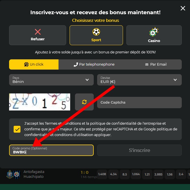 Formulaire d'inscription à BetWinner