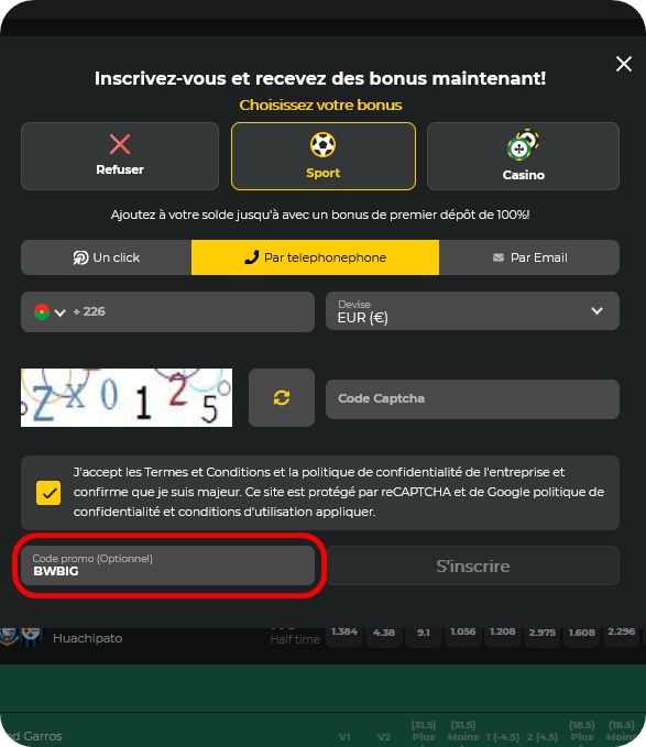 Formulaire d'inscription à BetWinner