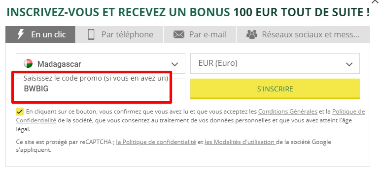 Formulaire d'inscription à BetWinner