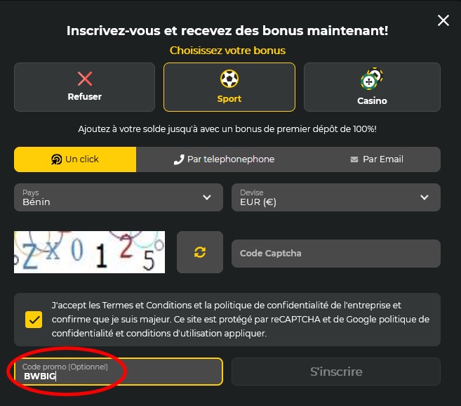 Formulaire d'inscription à BetWinner