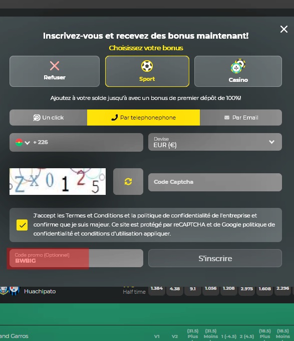 Formulaire d'inscription à BetWinner