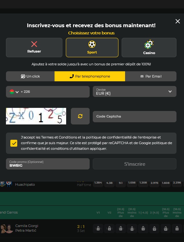 Formulaire d'inscription à BetWinner
