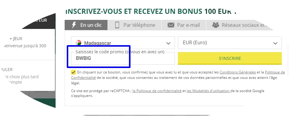 Formulaire d'inscription à BetWinner