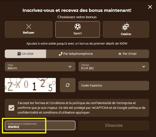 Formulaire d'inscription à BetWinner