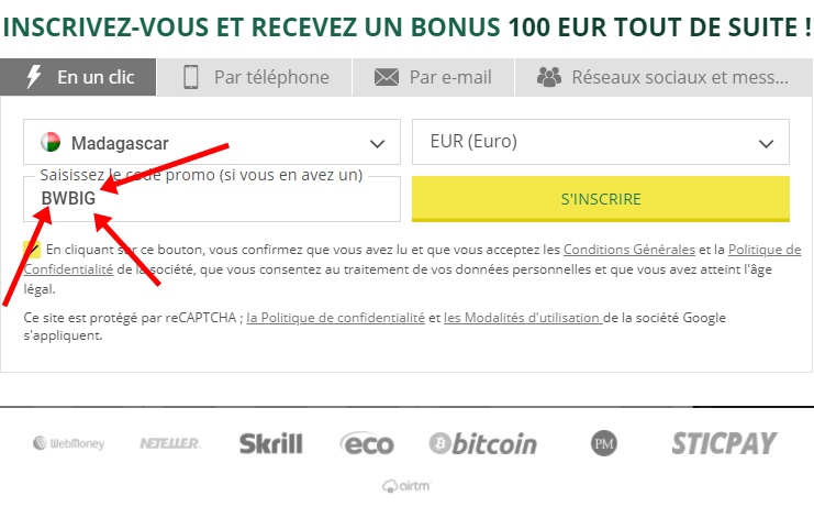 Formulaire d'inscription à BetWinner