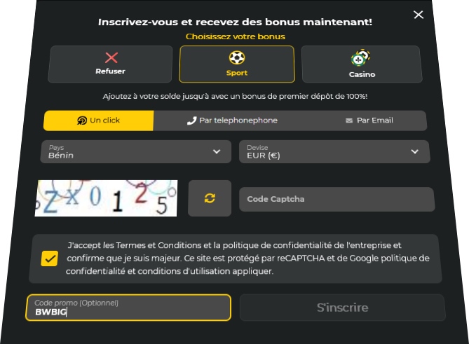 Formulaire d'inscription à BetWinner