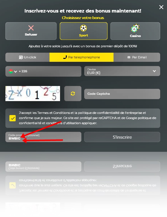 Formulaire d'inscription à BetWinner