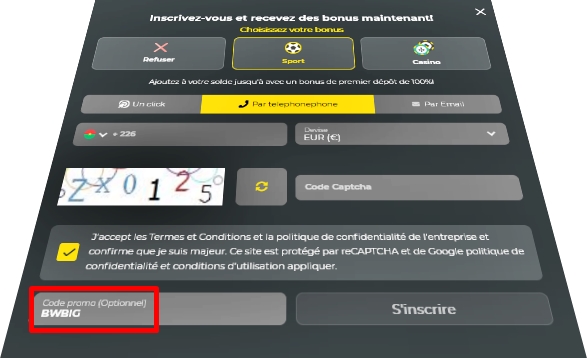 Formulaire d'inscription à BetWinner
