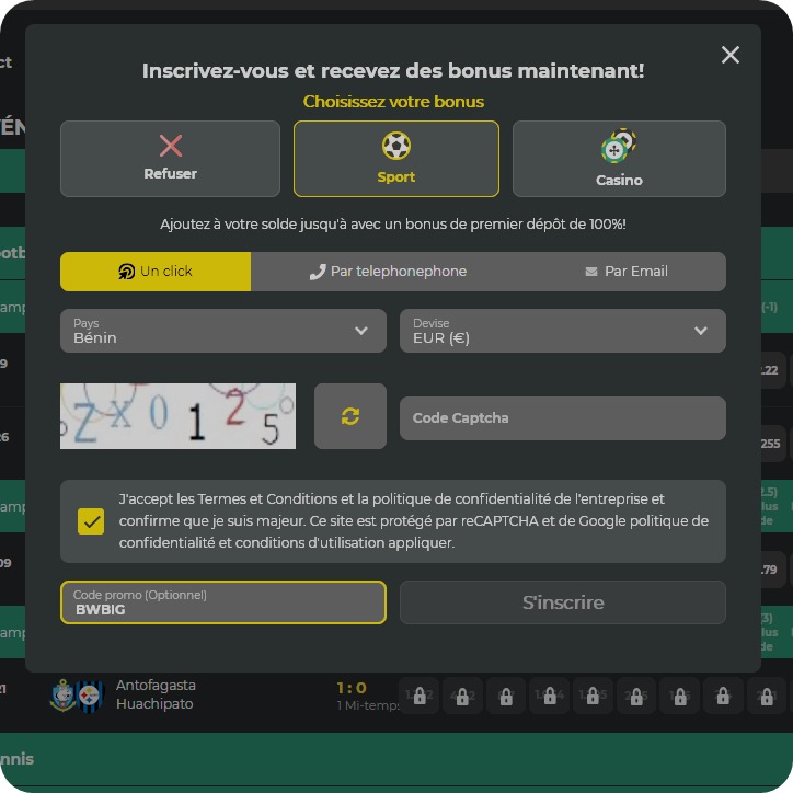 Formulaire d'inscription à BetWinner