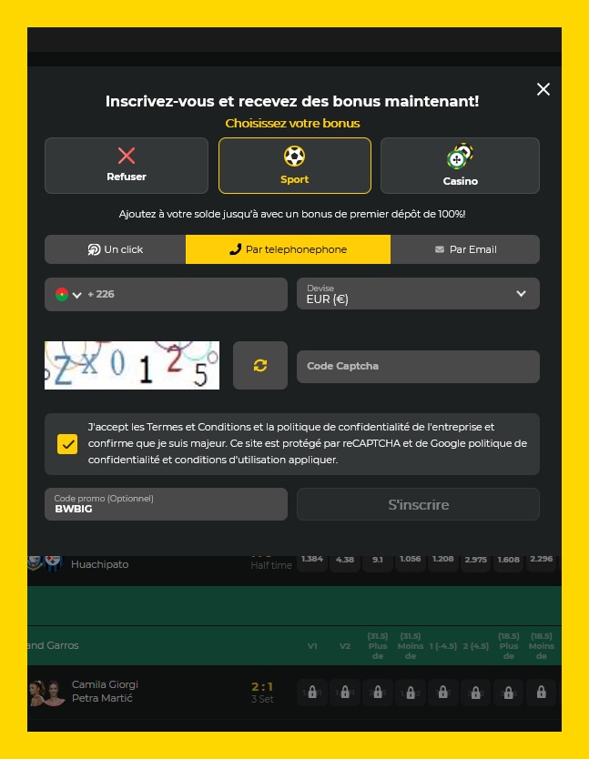 Formulaire d'inscription à BetWinner