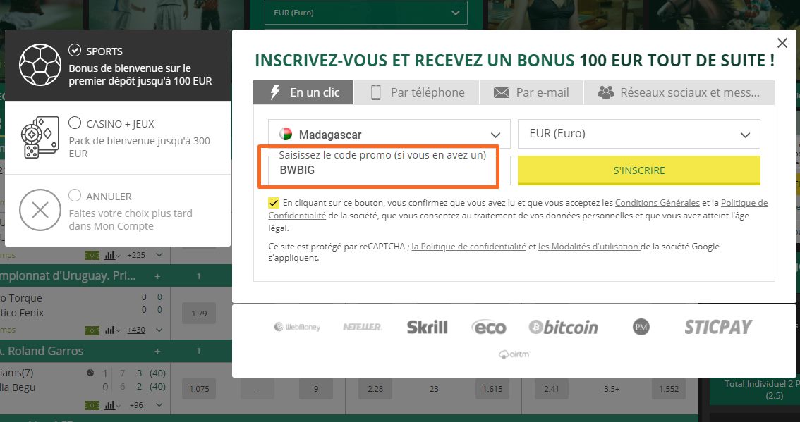 Formulaire d'inscription à BetWinner