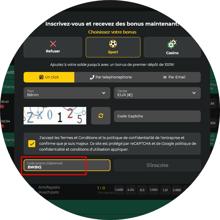 Formulaire d'inscription à BetWinner
