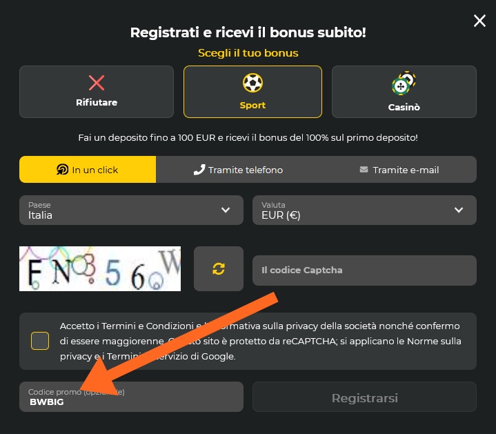 Modulo di registrazione BetWinner
