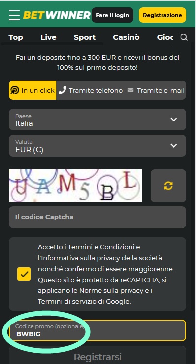 Modulo di registrazione BetWinner