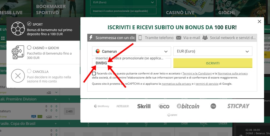 Modulo di registrazione BetWinner