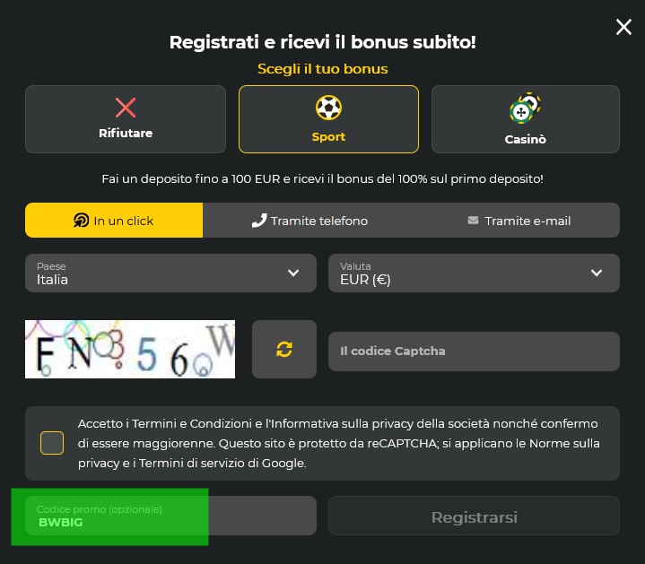 Modulo di registrazione BetWinner