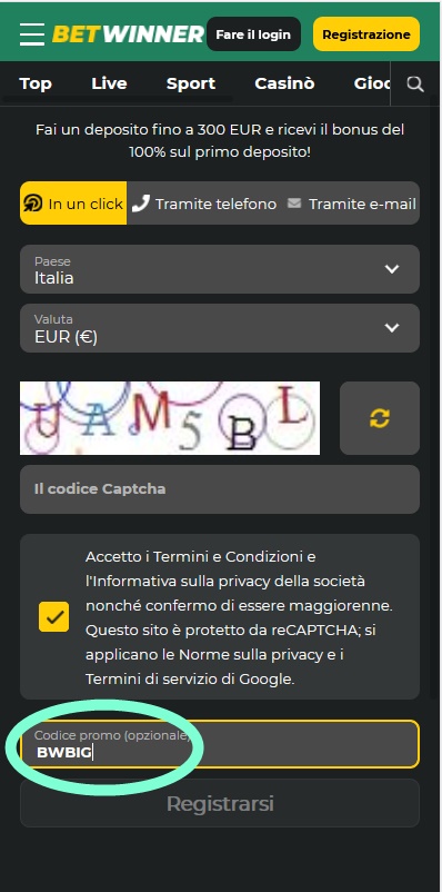 Modulo di registrazione BetWinner