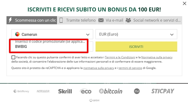Modulo di registrazione BetWinner