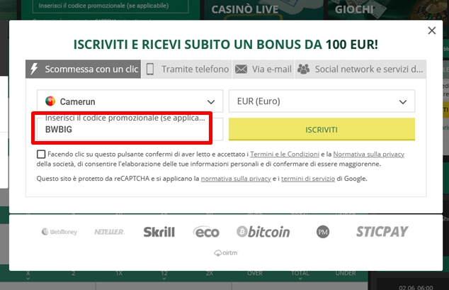 Modulo di registrazione BetWinner
