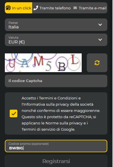 Modulo di registrazione BetWinner