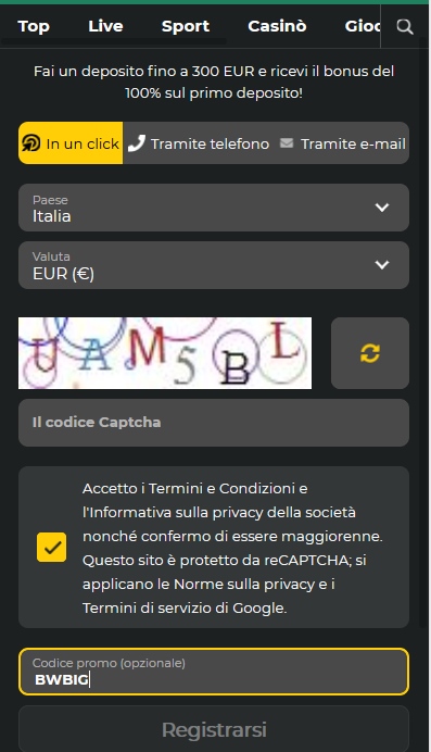 Modulo di registrazione BetWinner