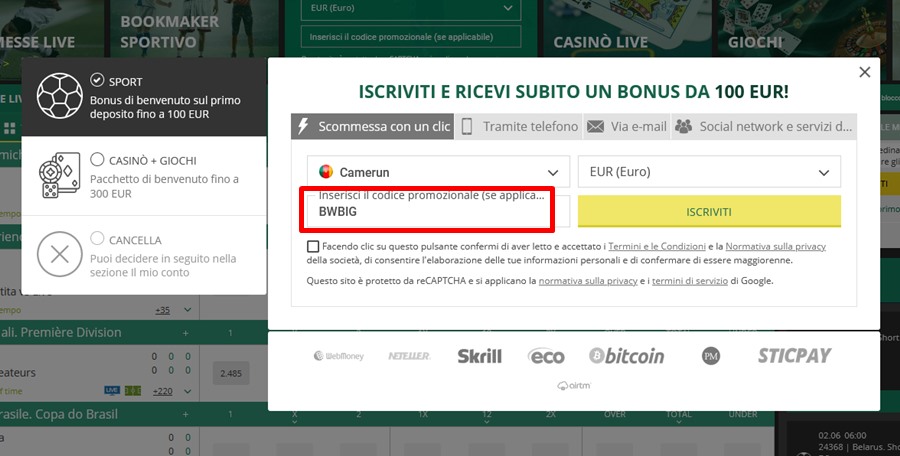 Modulo di registrazione BetWinner