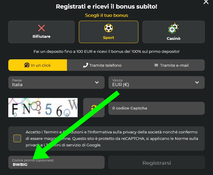 Modulo di registrazione BetWinner