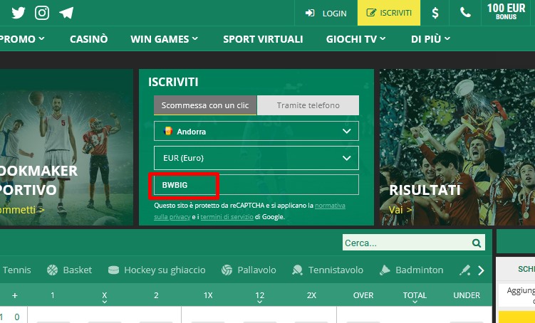 Modulo di registrazione BetWinner