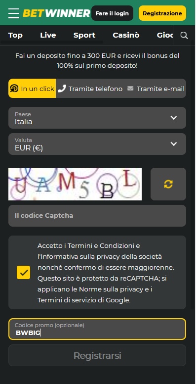 Modulo di registrazione BetWinner