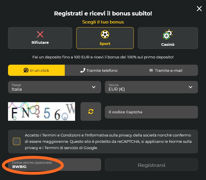 Modulo di registrazione BetWinner