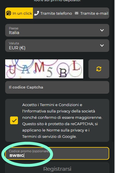 Modulo di registrazione BetWinner
