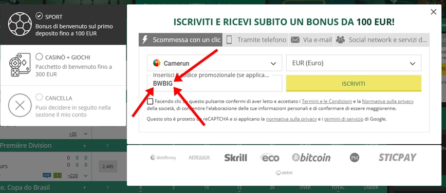Modulo di registrazione BetWinner