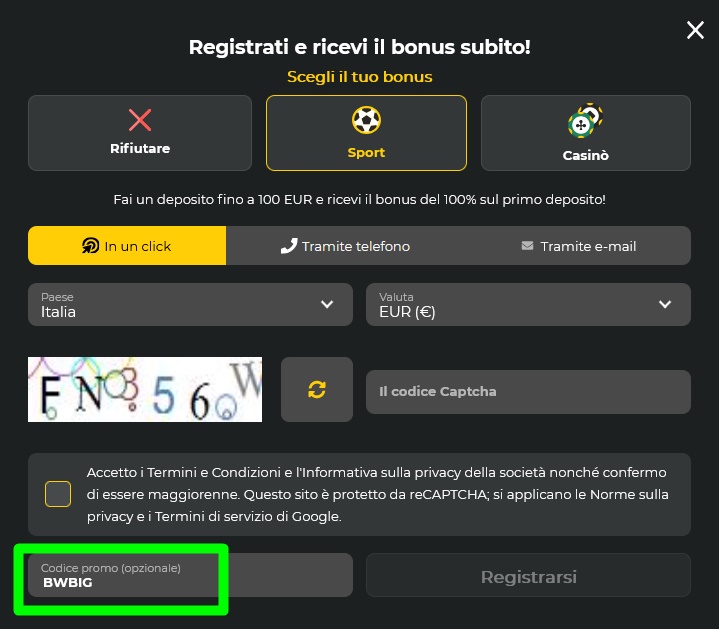 Modulo di registrazione BetWinner