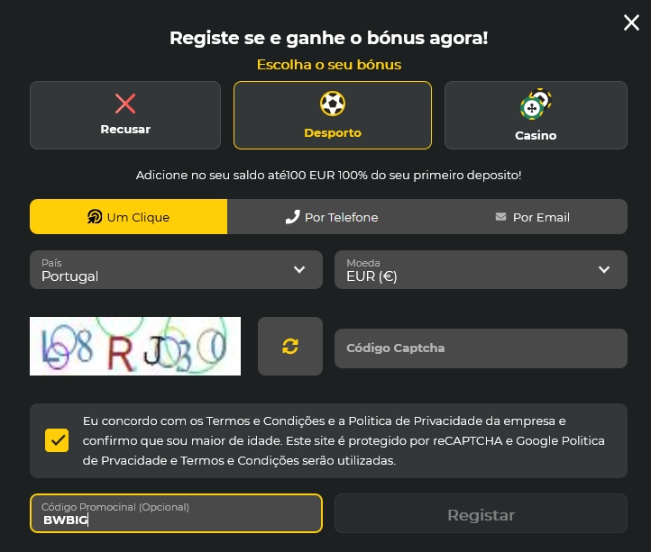 Formulário de inscrição no BetWinner