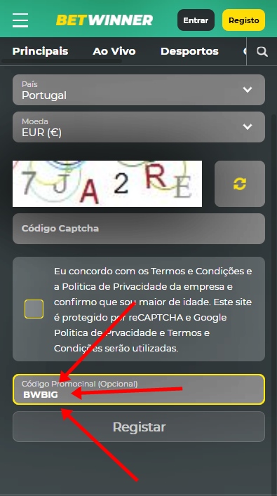 Formulário de inscrição no BetWinner