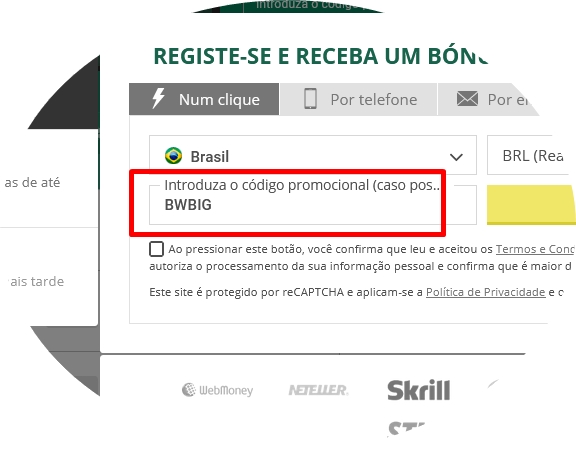 Formulário de inscrição no BetWinner