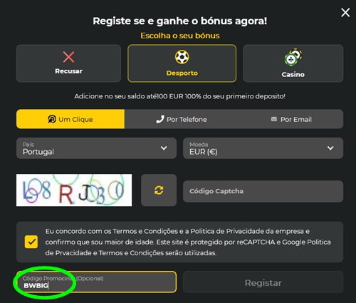 Formulário de inscrição no BetWinner