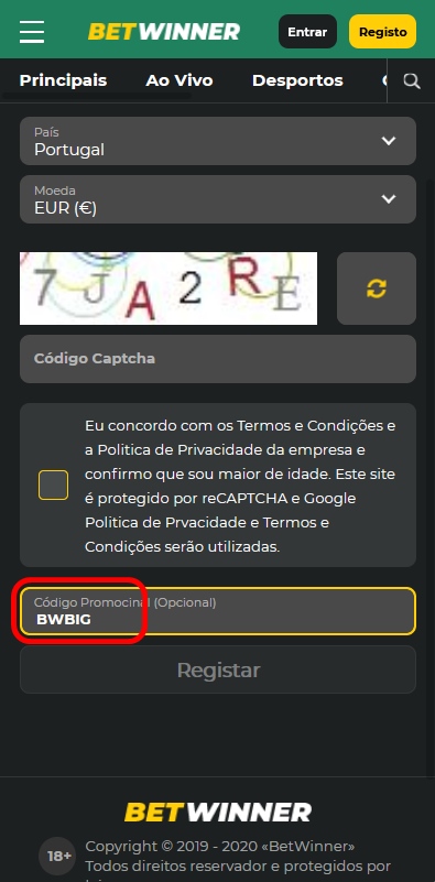 Formulário de inscrição no BetWinner