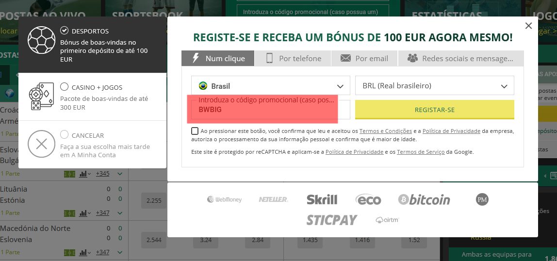 Formulário de inscrição no BetWinner