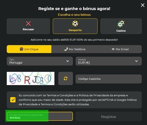 Formulário de inscrição no BetWinner