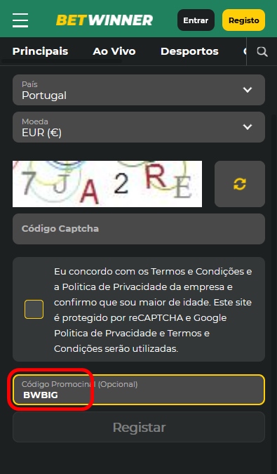 Formulário de inscrição no BetWinner