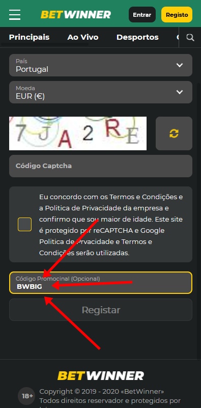 Formulário de inscrição no BetWinner