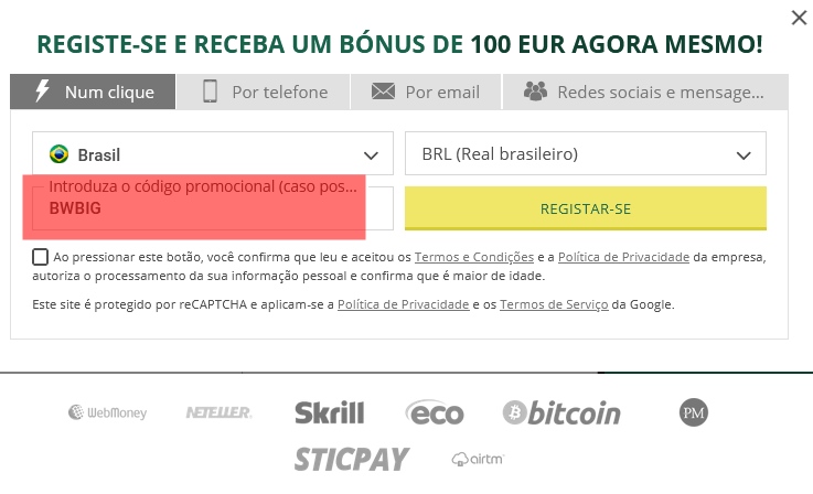 Formulário de inscrição no BetWinner