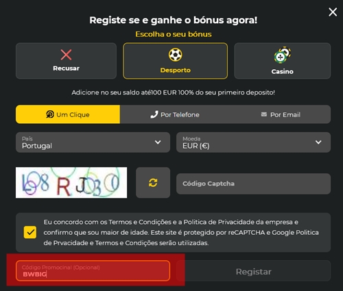 Formulário de inscrição no BetWinner
