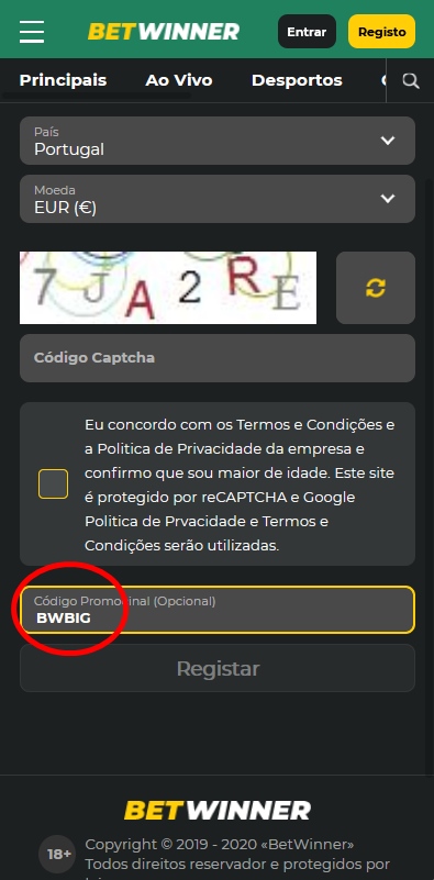 Formulário de inscrição no BetWinner