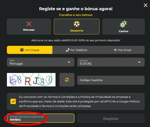 Formulário de inscrição no BetWinner