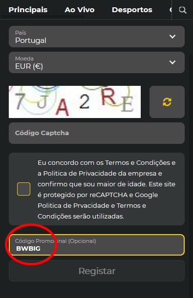 Formulário de inscrição no BetWinner